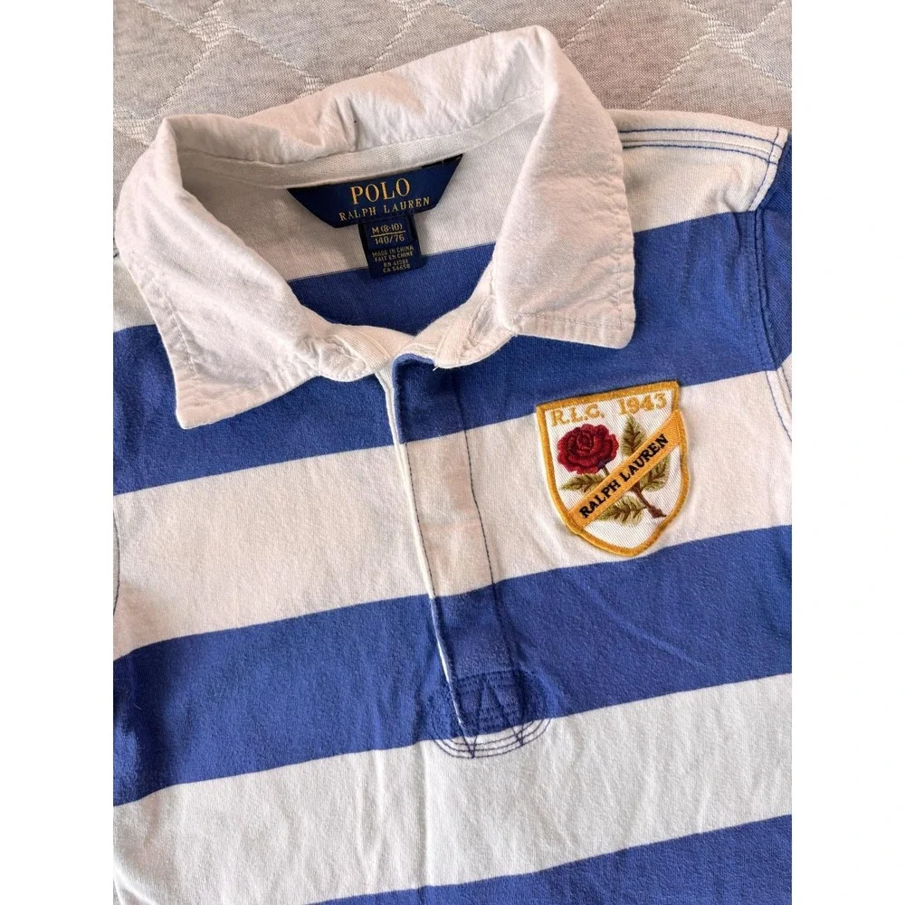 Polo Ralph Lauren Shirt Dress Girls 8-10 Blue White Stripe Lace Ruffle Hem Crest
